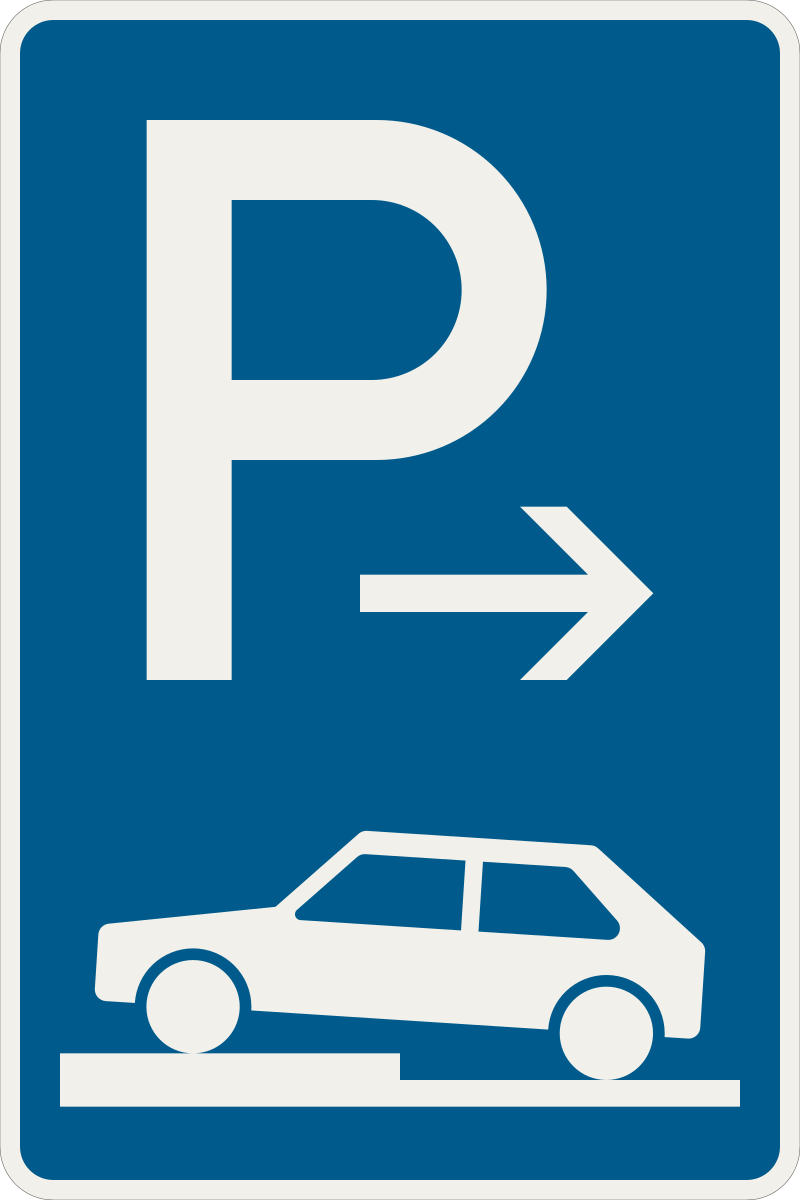 273 71 Parkovanie na chodniku priecne ciastocne umiestnenie sikmo pozdlzne vlavo zaciatok platnosti.svg