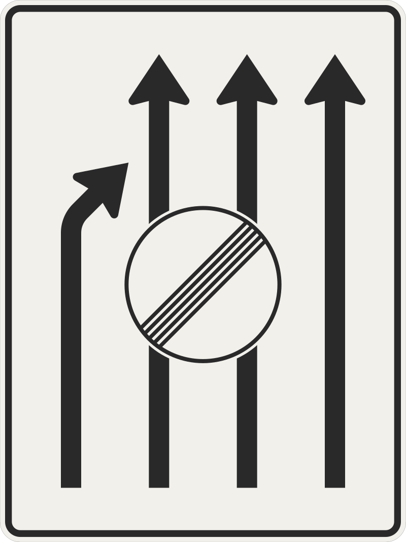412 12 Znizenie poctu jazdnych pruhov vlavo pokracuju 3 pruhy regulacna znacka.svg