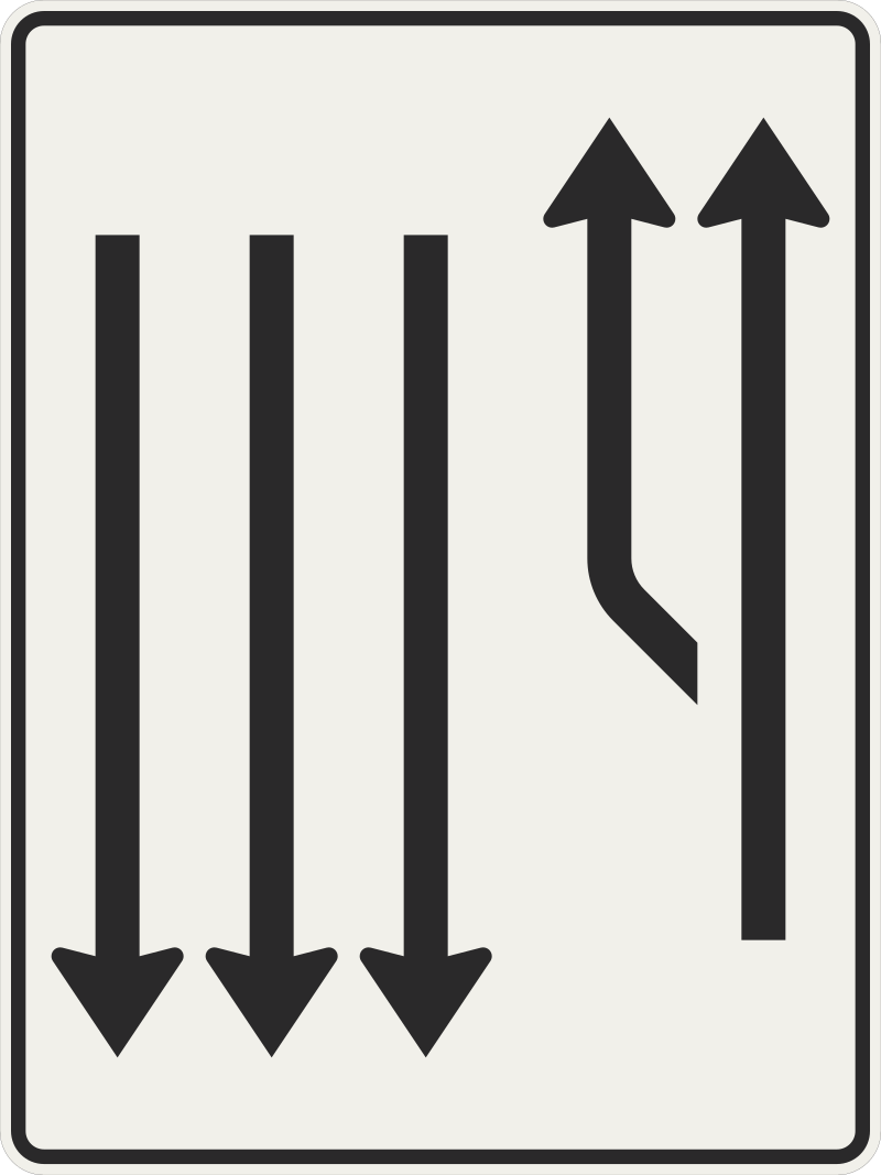 423 15 Zvysenie poctu jazdnych pruhov vlavo pokracuju 2 pruhy 3 v protismere.svg