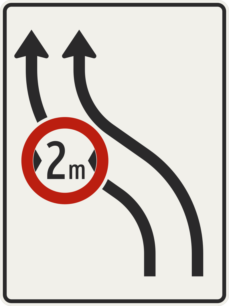 800px 442 11 Presmerovanie jazdnych pruhov dolava 2 pruhy s vlozenou regulacnou znackou.svg